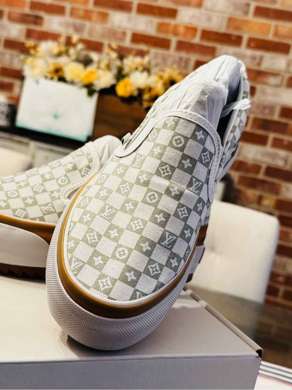 Custom Vans Slip-On Platform Sneakers - White & Olive Green Checkerboard - Picture 4 of 8